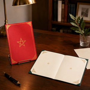 Porte-certificat et couverture de menu de luxe en similicuir rouge et vert, personnalisés avec estampage doré, pour invitations de banquet et événements, avec coins renforcés - Product Image 1