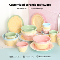 Ensemble de bols et assiettes en céramique en forme de cornet de glace, couleur macaron, texture gaufrée, pour desserts et petit-déjeuner