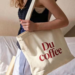Custom Logo Printed Large Cotton Canvas Saddle Shape <b>Tote</b> Handbag Reusable Zipper Closure Button String Letter <b>Beach</b> Business - Product Image 1