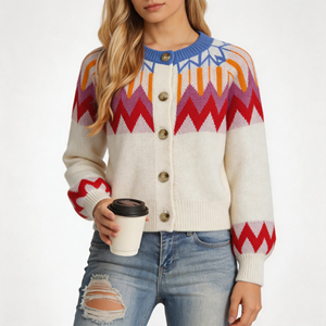 <span class=keywords><strong>Pull</strong></span> en tricot jacquard géométrique coloré à col rond pour <span class=keywords><strong>femme</strong></span>, personnalisé en usine, <span class=keywords><strong>chaud</strong></span> et familial, idéal pour l'hiver - Product Image 1