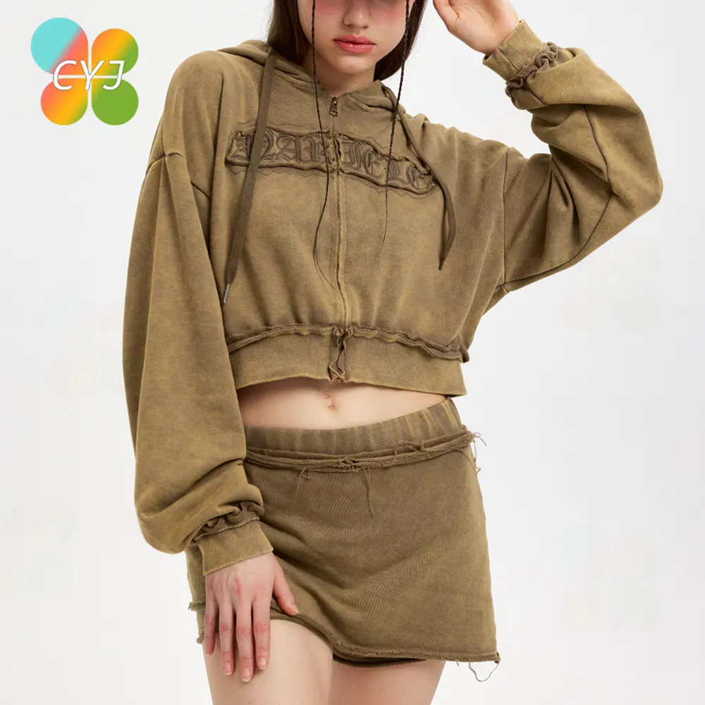 Custom 3d Embroidered Heavy French Terry Y2k Zip Up Raw Edge Vintage Stone Wash Cropped Top Hoodie And Skirt Two Piece Set Women