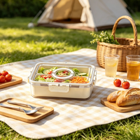 Boîte alimentaire rectangulaire en PET à 2 compartiments avec poignées de transport, boîte à goûter, ustensiles de cuisine pour la cuisine, le camping et les pique-niques