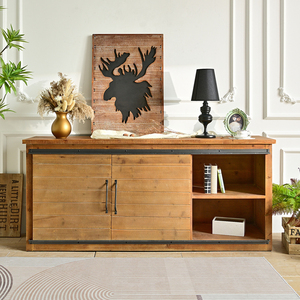 Meuble TV rustique en bois fait main avec porte coulissante et rangement, finition antique, pour salon - Product Image 5