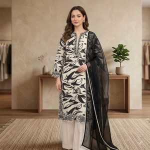 Oferta Especial: Conjunto Tradicional Pakistaní Salwar Kameez con Bordado Floral en el Cuello, Kurta, Traje de 3 Piezas en Blanco y Negro para Mujer, Farshi - Product Image 1