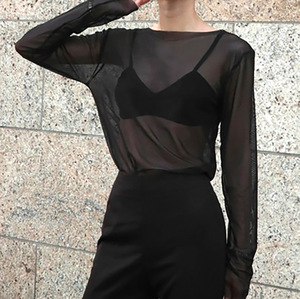 2024 début printemps nouveau Sexy Perspective maille bas chemise femmes <span class=keywords><strong>noir</strong></span> à manches longues mince <span class=keywords><strong>haut</strong></span> <span class=keywords><strong>Transparent</strong></span> - Product Image 2