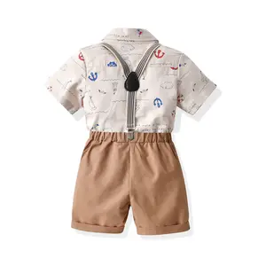 Летние комплекты детской одежды с принтом для мальчиков, топ и брюки с подтяжками, один комплект, костюмы для мальчиков, детская одежда