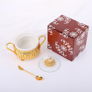 Metall Gold Runde Zucker topf Zucker glas Schüssel Keramik Mit Griff Deckel Löffel Glas abdeckung Küche Gewürz glas Gewürz Kaffee Tee - Product Image 2