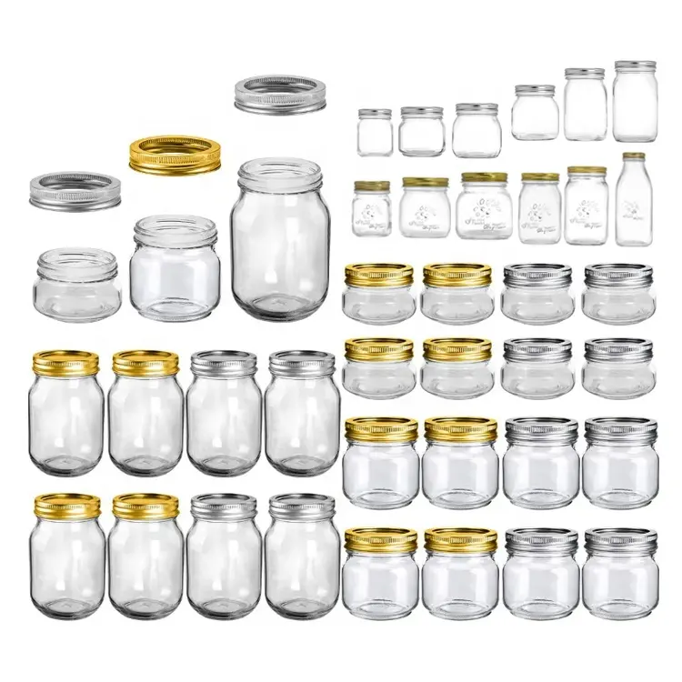 Frascos de vidro redondo transparente para armazenamento de picles com tampa de metal, frascos de vidro transparente de 4 onças, 8 onças e 16 onças por atacado para alimentos