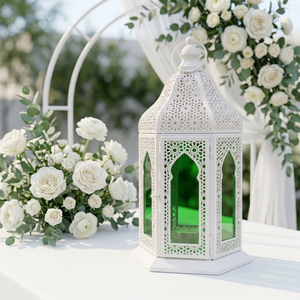 Lanterne à bougie moderne en métal blanc populaire auprès des fabricants, avec verre vert, pour la décoration de la maison, le Ramadan et les mariages - Product Image 3