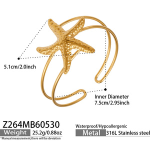 Nouveau Bracelet Manchette Femme <span class=keywords><strong>Série</strong></span> Océan Pentagramme Conque Étoile de Mer en Acier Inoxydable 316L Plaqué Or 18K Étanche pour l'Été - Product Image 3