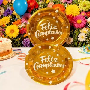 Vajilla Desechable de Color Brillante para Fiestas, Platos de Papel con Lámina Dorada Española para Actividades, <span class=keywords><strong>Cumpleaños</strong></span>, Reuniones de Amigos - Product Image 4
