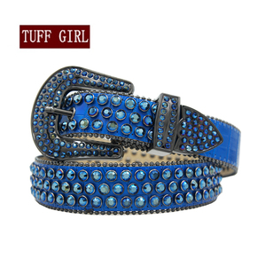 Sabuk kulit ular Retro untuk pria, sabuk kulit mewah bertatahkan safir Rubi, berlian imitasi berkilau biru gradien - Product Image 6