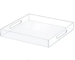 Custom Clear Acrylic Serving Tray with Handles Spill Proof-Acrylic Decorative Tray for Ottoman Coffee Table Countertop Snacks