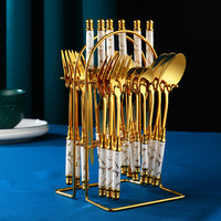 Ensemble de 24 pièces ensemble de couverts en céramique de luxe en acier inoxydable doré avec support pour couverts de table de cuisine