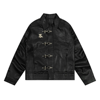 Veste en cuir pour homme avec logo personnalisé, style pompier, fermeture à boutons, OEM ODM, noire, style workwear, streetwear, vintage, col pointu, style cyber