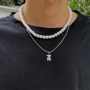 Collana Creativa a Doppio Strato <span class=keywords><strong>con</strong></span> Perle e Orsetto per Uomo, Semplice Girocollo <span class=keywords><strong>con</strong></span> Catena Intrecciata, Raffinata Collana Maschile da Regalo - Product Image 3