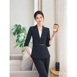 Women's Two Piece Suit Set Mid Sleeve Blazer Trousers Black Formal Anti Wrinkle Commute Spring Summer Autumn - Product Image 3