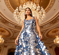 Robe longue de soirée élégante et scintillante pour femme, bleu dégradé, à paillettes, en mousseline, col halter, coupe trapèze, effet illusion, à séchage rapide