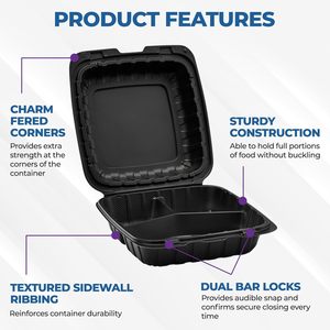 8x8 9x9 Black Clear Hinged Clamshell <b>Food</b> Grade PP <b>Plastic</b> Takeout <b>Food</b> <b>Containers</b> with Embossing Custom Logo for Restaurants - Product Image 2