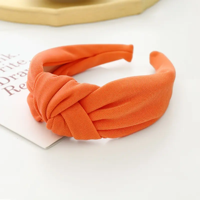 Fashion girl bright silk hair hoop women simple pure color headband double wide edge knotted hairband