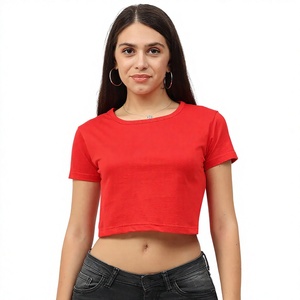 Women's <b>Red</b> <b>Cropped</b> T-Shirt O-Neck Short Sleeve Solid Color Casual <b>Top</b> Spring Summer Style Regular Fit Knitted Cotton - Product Image 1