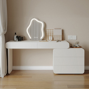 Modern Minimalist Creamy White Extendable Makeup <b>Vanity</b> With Lighted <b>Mirror</b> For Bedroom - Product Image 3
