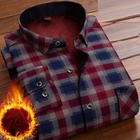 Kemeja Termal Berhias Manik-Manik Musim Gugur/Dingin Pria Berlapis Fleece Tebal Hangat Motif Kotak-Kotak Lengan Panjang Atasan Trendi untuk Pria Muda dan Paruh Baya
