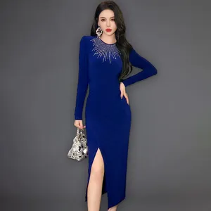 ZYHT 30764 New Model Shirred Waist Ladies Sexy Casual Rhinestone Blue Prom Bodycon Long Dress with Slit