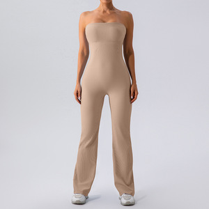 Gerippter Trägerloser Enger Eleganter Bodysuit für Damen Yoga Fitness Outdoor Party Ausgestellter Einteiler Hüfthebend Schnelltrocknender Jumpsuit Damen - Product Image 2