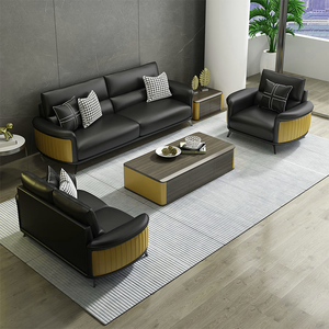 Ensemble de canapés de bureau en cuir de luxe 1+2+3, canapé de réception moderne pour PDG avec table basse, structure en métal doré, mobilier de salle d'attente de bureau - Product Image 2