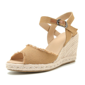 Sandales compensées à bout ouvert en jean avec semelle en paille et fermeture à boucle – Chaussures d'été respirantes pour femme - Product Image 4
