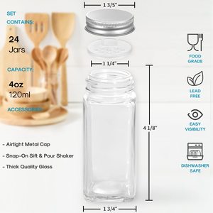 24 bocaux à épices en verre avec étiquettes, 4 oz, bocaux à épices carrés vides, couvercle Haker et couvercle métallique hermétique, entonnoir pliable en silicone - Product Image 2