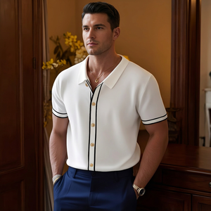 Chemise décontractée pour homme en coton blanc à manches courtes, patchwork color block, col rabattu noir, légèrement extensible, respirante, élégante - Product Image 4