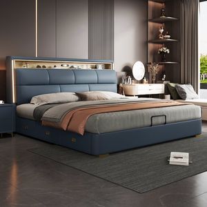 Tête de lit éclairée par LED Cadre de lit en cuir couleur personnalisable rangement intégré idéal pour la maison/hôtel - Product Image 2