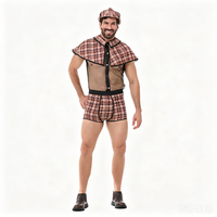 Disfraz de Cosplay para Hombre, Camisa Transparente con Cuello de Capa a Cuadros, Pantalones Cortos a Cuadros con Boina, Conjunto de Lencería para Adultos, Halloween, Carnaval
