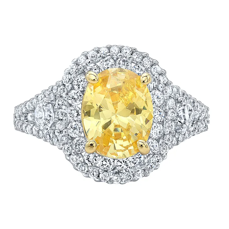 MEDBOO-Anillo de moissanita amarillo de 3 quilates, anillo de moissanita con doble Halo dividido de 14K, cojín de oro blanco, ajuste de pavé, anillo de diamante