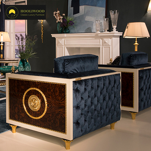 Sofá de terciopelo europeo real de lujo, sofá de 3 plazas azul oscuro con patas doradas, medallón de León de madera tallada para sala de estar de Villa - Product Image 3