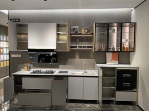 Placards de cuisine montés modernes Youya avec <span class=keywords><strong>porte</strong></span> en verre revêtement électrique ensemble complet d'armoires de cuisine avec cuisinière et évier - Product Image 2