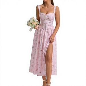 Women Vintage Bohemian Floral Corset Midi <b>Dress</b> High Waist Sleeveless Flared Hem Bow Pink Summer <b>Custom</b> OEM ODM Supplier Factory - Product Image 3
