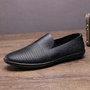 Mocassins d'été pour hommes en cuir véritable respirant, à enfiler, bout rond, semelle extérieure en caoutchouc, semelle intermédiaire en EVA, couleur unie - Product Image 3