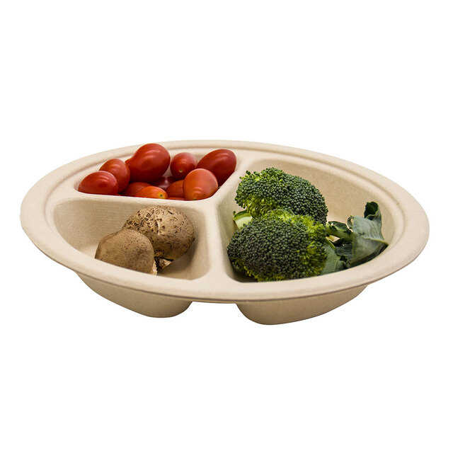 Plato redondo desechable de 10 pulgadas con divisores, plato de papel para embalaje de alimentos Biddegradable