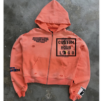 Sweat-shirts à capuche zippés personnalisés avec logo, effet délavé vintage, dégradé, déchirés, imprimés graphiques, style streetwear, vente en gros