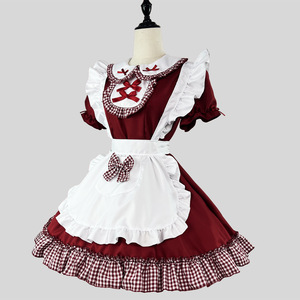 Sweet Lolita Maid Dress Wine Red With Checkered Trim Cosplay Costume For Anime Role Play - Product Image 2