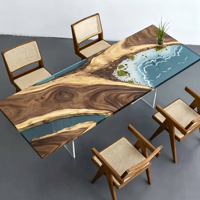 Table à manger en bois de noyer massif fait main avec plateau en résine époxy, base en acrylique transparent, pour la maison, le restaurant ou la villa