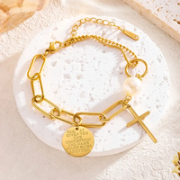 Bracelet à maillons ajustables en acier inoxydable plaqué or 18 carats avec breloque croix, 7 pièces, pour femme, usage quotidien, bijoux de fête