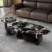 Table basse en pierre microcristalline avec cadre métallique, style luxe moderne, espace de rangement, design incurvé pour petit appartement