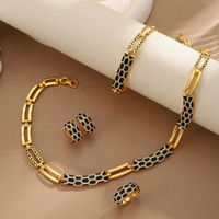 Élégant Ensemble de Bijoux Léopard en Acier Inoxydable Goutte d'Huile Carrés Noirs et Blancs Boucles d'Oreilles Bague Bracelet Collier pour Banquet Femme