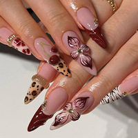 Faux ongles longs en forme d'amande, style français, faits à la main, avec fleurs 3D, imprimé tigre, décorations en strass, en ABS, 24 pièces, fournisseur