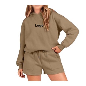 Conjunto de 2 Piezas para Mujer, Sudadera con Capucha y Pantalones Cortos, Color Verde Oliva, Corte Holgado Informal, Felpa, Color Sólido, Uso Diario, para Todas las Temporadas - Product Image 6