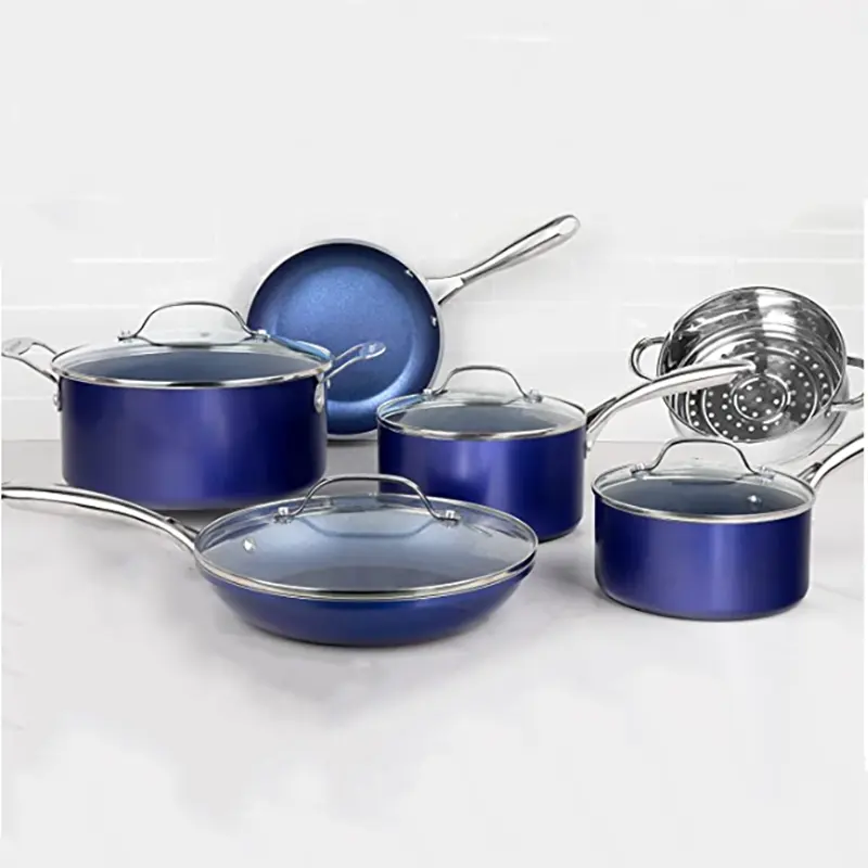 10pcs Cooking Pots and Pans Cookware Sets Stainless Steel handle Glass lid ceramic Feature Eco Material Origin Type